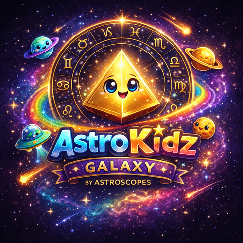 AstroKidz Galaxy logo with a gold pyramid and starry space background